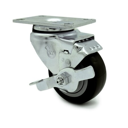 Service Caster 3.5 Inch Black Polyurethane Wheel Swivel Top Plate Caster with Brake SCC SCC-20S3514-PPUB-BLK-TLB-TP2